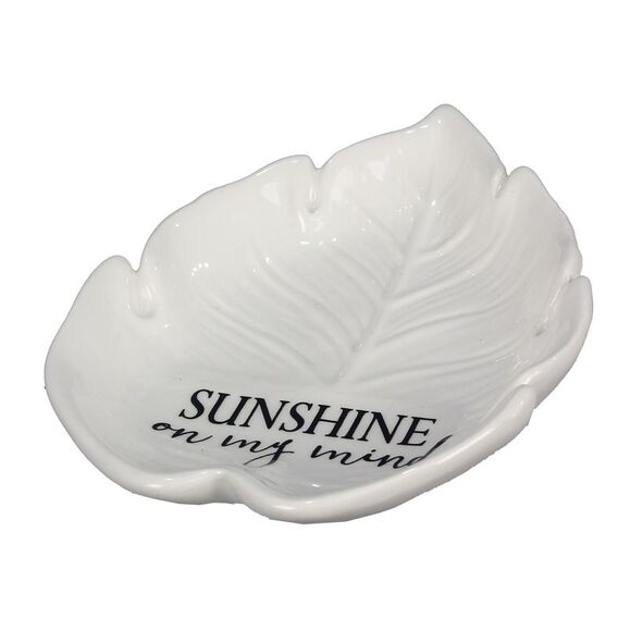 Sunshine On My Mind Shaped Palm Leaf Trinket Dish Embossed White Ceramic - Picture 2 of 5